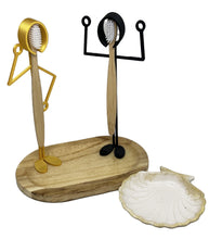Load the image in the gallery,Support pour brosse à dents doré et noir avec support en bois et coupelle porte savon.