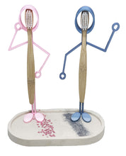 Charger l'image dans la galerie, Support pour brosse à dents rose et gris avec support en pierre reconstituée et coupelle porte savon.