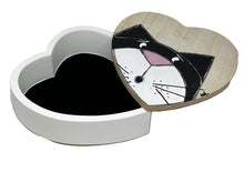 Load the image in the gallery,Painted wooden box in the shape of a heart and cat for jewelry storage
