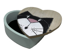 Load the image in the gallery,Painted wooden box in the shape of a heart and cat for jewelry storage