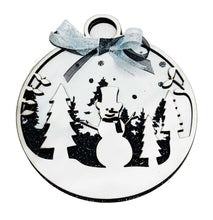 Load the image in the gallery,White Christmas bauble in painted wood and cut out snowman