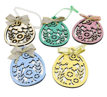 Load the image in the gallery,Hand-cut and painted wooden ornament in the shape of an Easter egg and butterflies