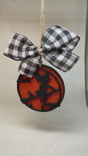Load and play the video in the Gallery viewer,Halloween ornament with cut out wooden witch - NEW
