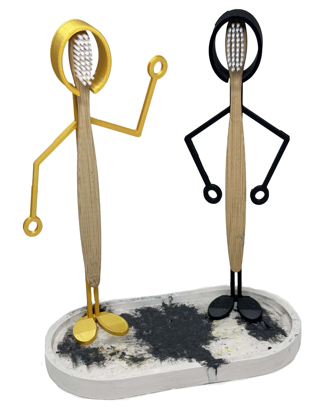 Support pour brosse à dents doré et noir avec support en pierre reconstituée et coupelle porte savon.