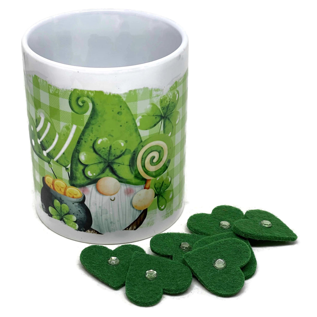 Green and white St Patrick's Day mug with gnome