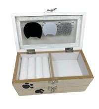 Load the image in the gallery,White and wooden jewelry box with three cats and two jewelry compartments
