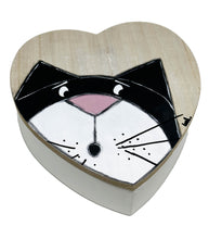 Load the image in the gallery,Painted wooden box in the shape of a heart and cat for jewelry storage
