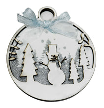 Load the image in the gallery,White Christmas bauble in painted wood and cut out snowman
