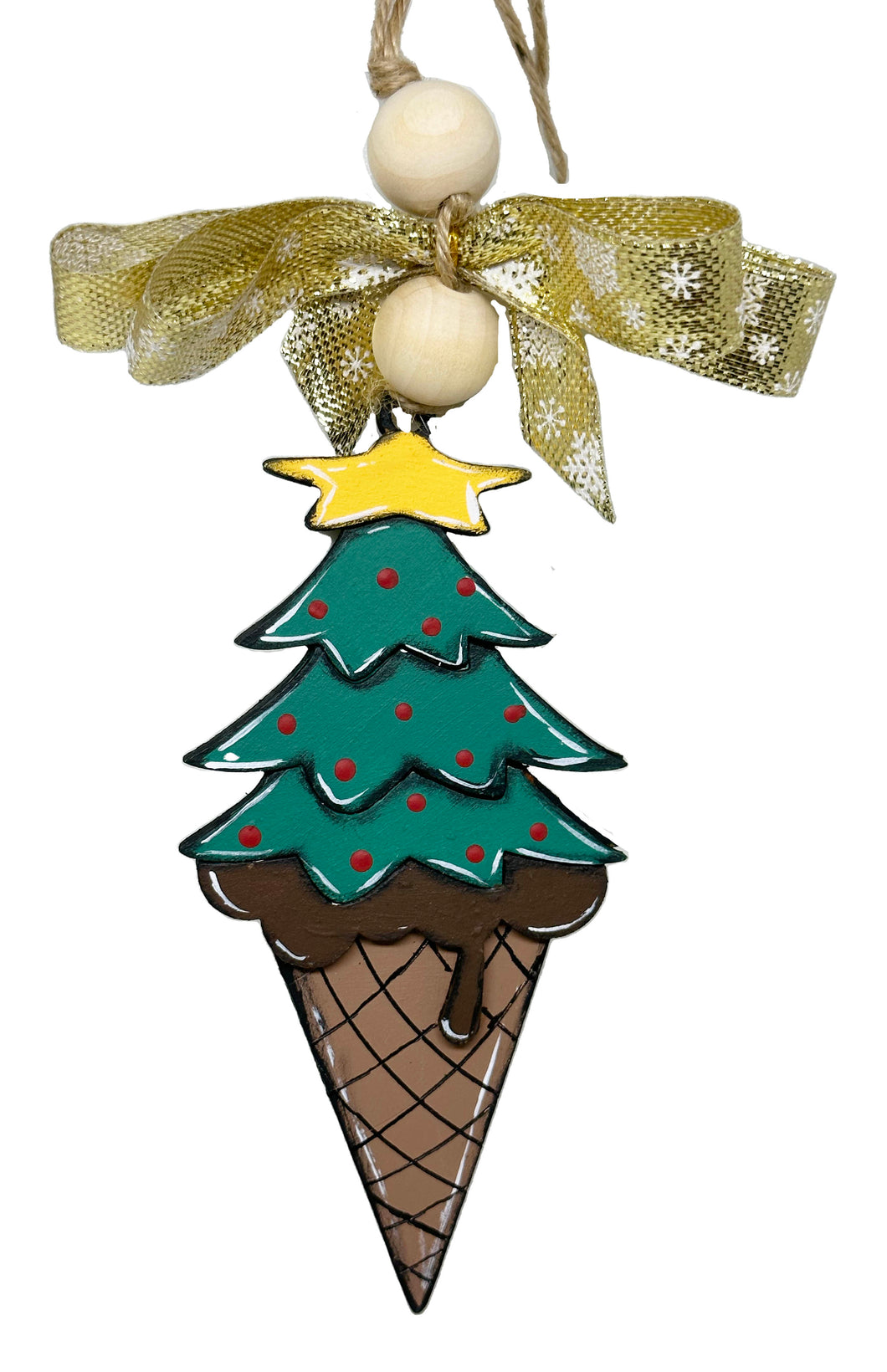 Ball in the shape of an ice cream cone with tree and ribbon