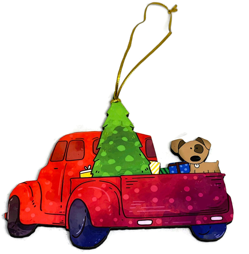 Two Christmas ornaments with red truck and dog- New