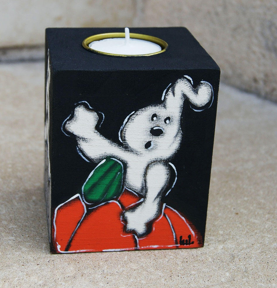 Painted wooden tealight holder with ghost - Halloween