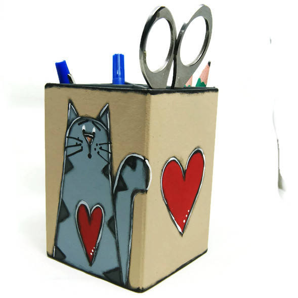 Pencil holder with gray cat - Office supplies
