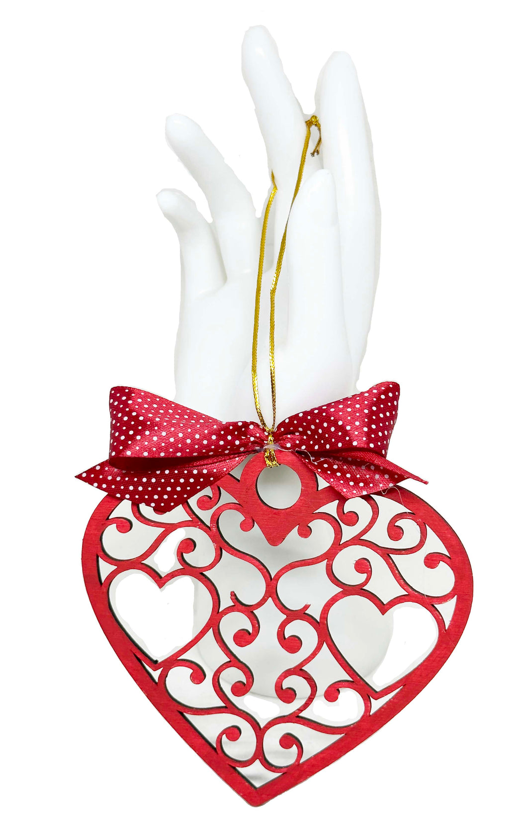 Heart shaped carved and painted wooden ornament
